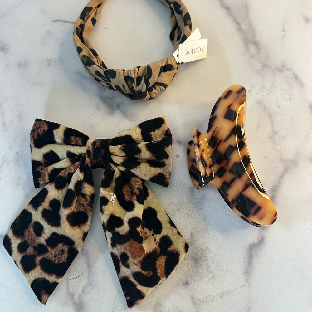 J. Crew Leopard Headband, Leopard velvet bow and hair claw
